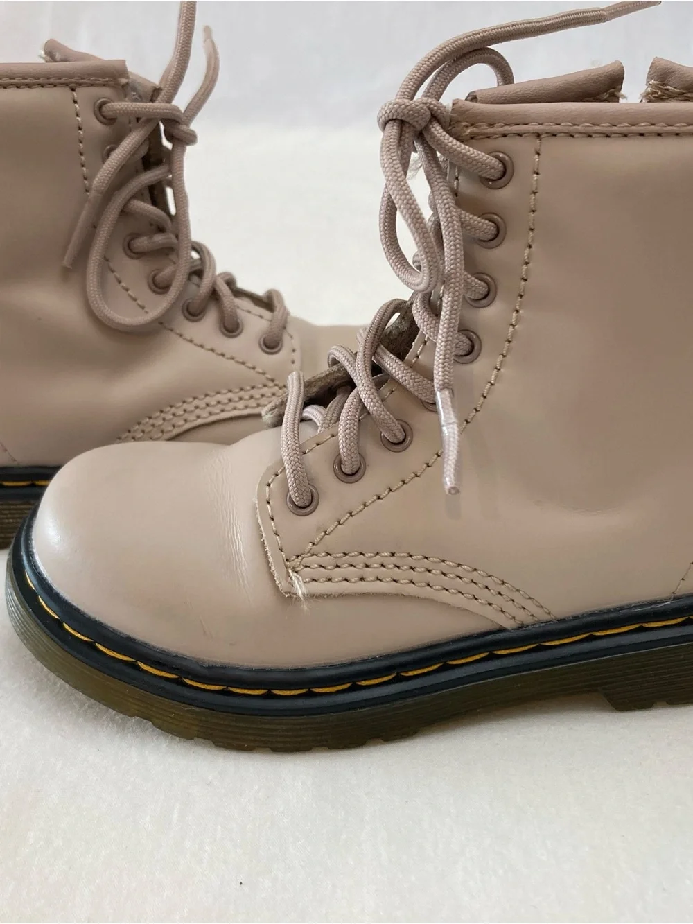 Dr. Martens Taupe Lace-Up Leather Boots With Yellow Stitching size 8 US